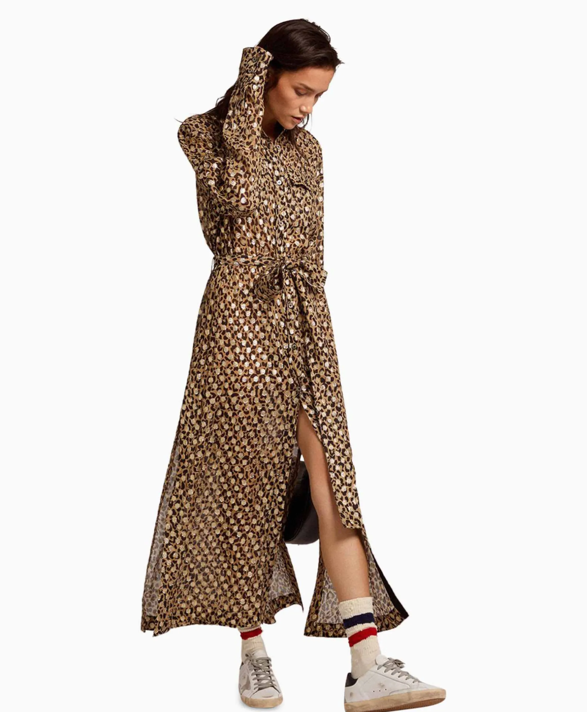 Hot Midi Jurk Golden W's Chemisier Leopard Print Fil C Beige Dames Jurken