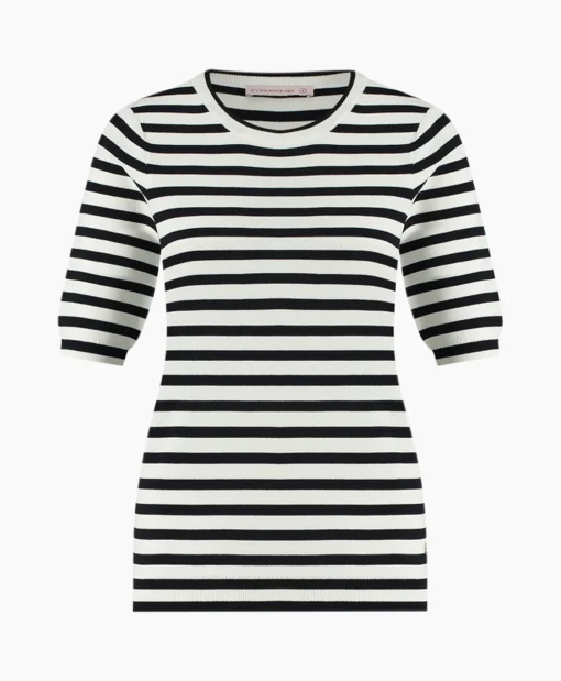 New Pullover Luna Stripe Short Slv Ecru Dames Truien